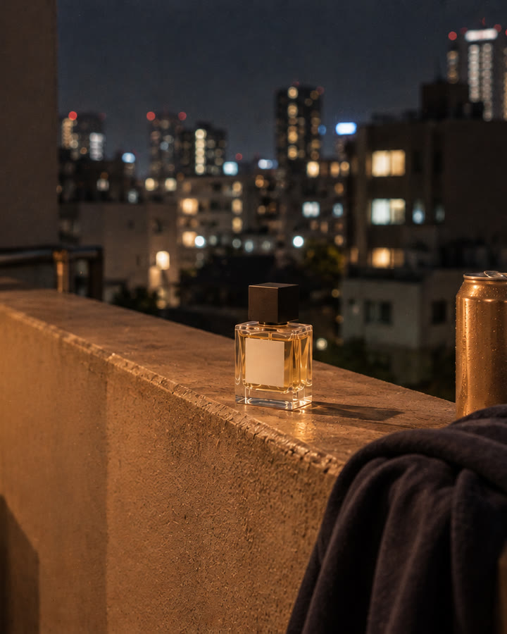 深夜のベランダ。手すりの上に香水の瓶と缶、その向こうに街の明かり。